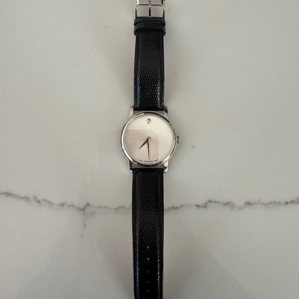 Movado classic black leather watch